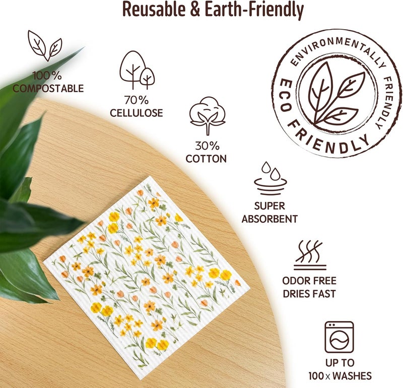 Augine Swedish Dishcloths for Kitchen, 5 Pack Flowers Reusable Paper Towels Washable, Super Absorbent Swedish Dish Cloths, Biodegradable, Non-Scratch, No Odor - Image 3